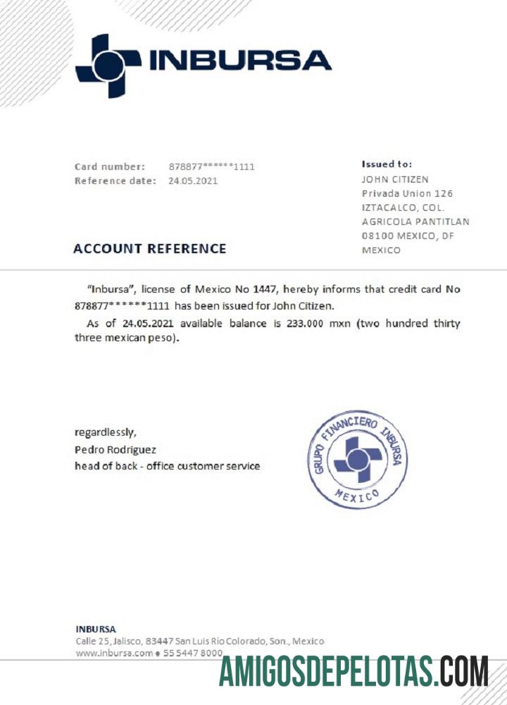 Referência do Banco Inbursa do México exemplo real